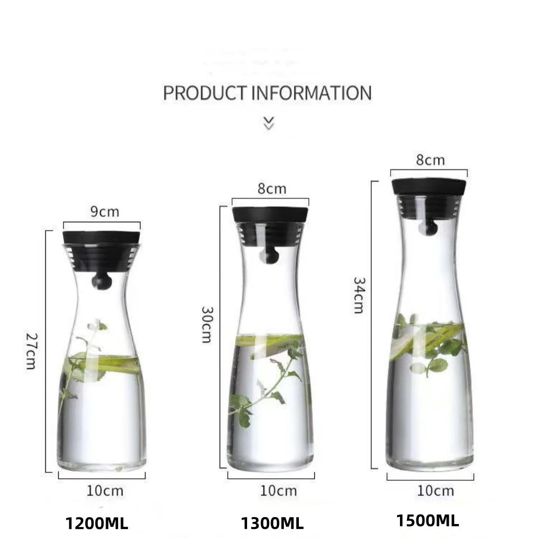 Glass Carafe 1.5L Heat Resistant Water Pitcher with Lid and Stainless Steel Fruit Skewer