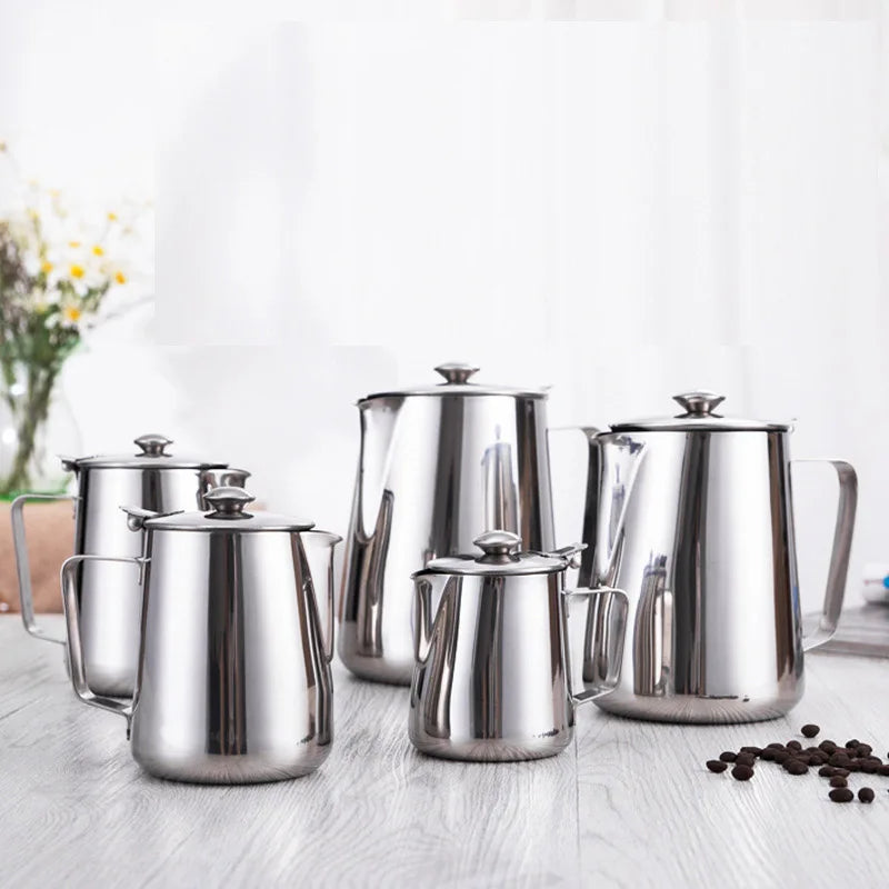 Stainless Steel Milk Frothing Pitcher 600ml with Lid Long Spout Coffee Pouring Kettle