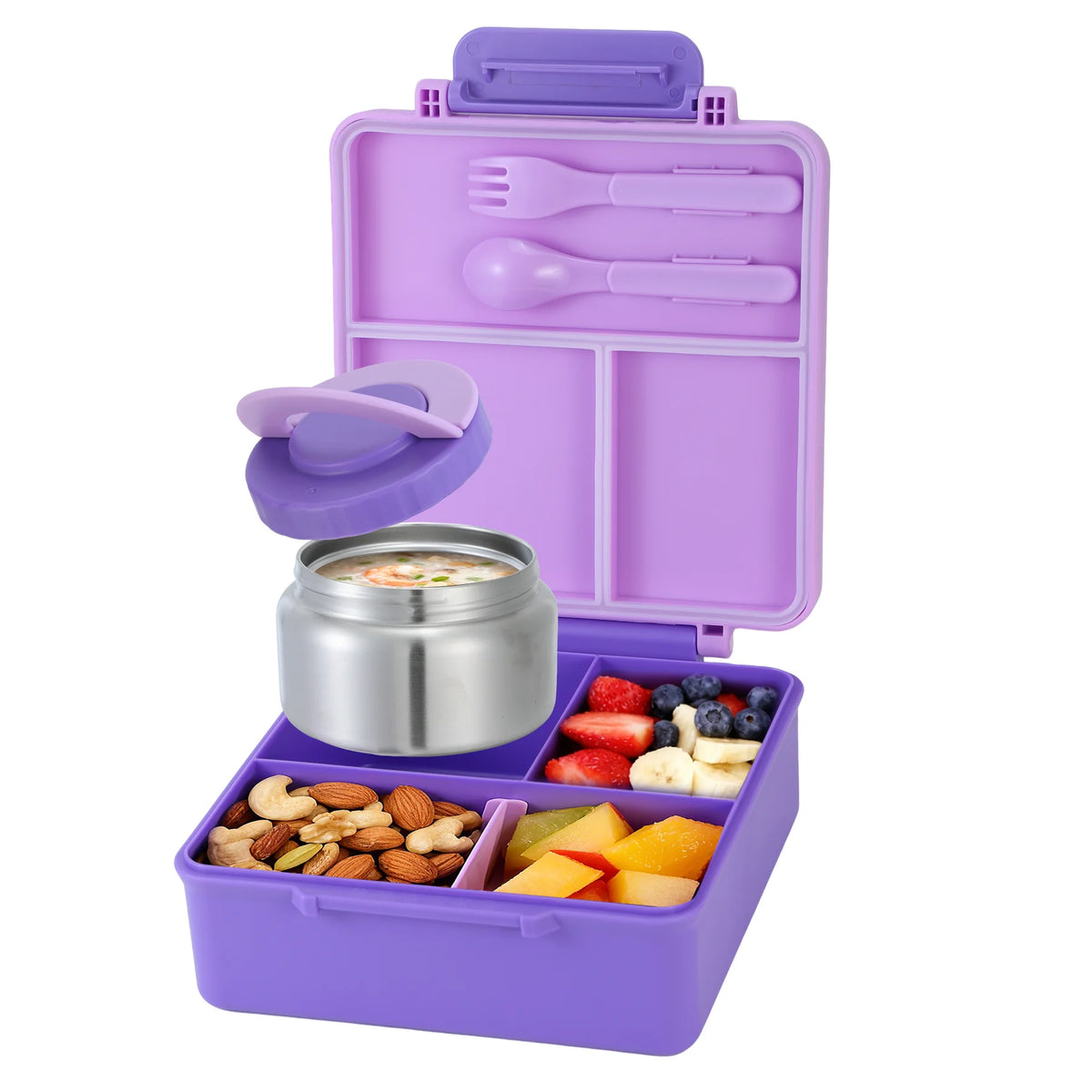 Lunch Box 1.6L 4 Compartment Bento with Insulated Soup Container - Purple