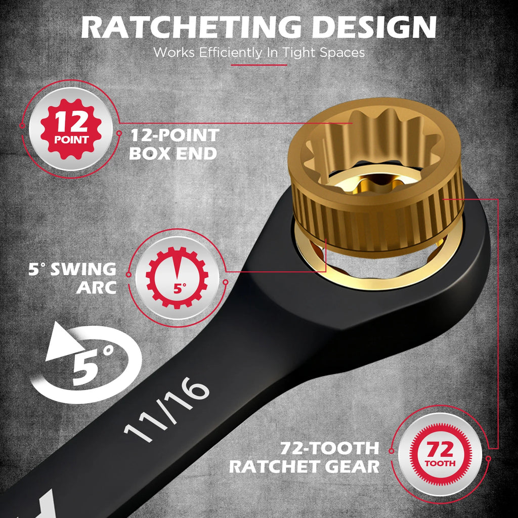Ratcheting Wrench Set 24-Piece Heavy Duty 72 Tooth CR-V Steel Metric & SAE Spanner Kit with Roll Up Pouch