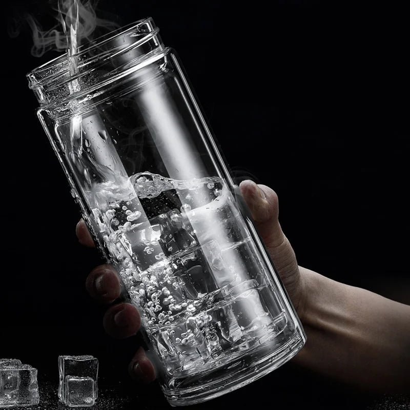 Glass Tea Bottle 1000mL Double Wall Infuser Portable Drinking Cup with Stainless Steel Lid