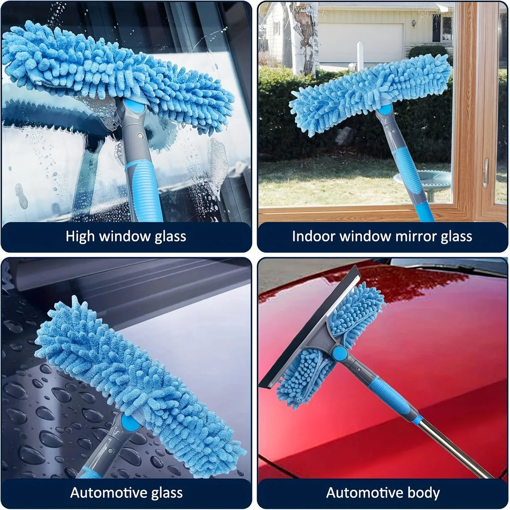 Window Cleaning Kit 2 in 1 Squeegee Microfiber Cleaner with 430cm Extension Pole Blue