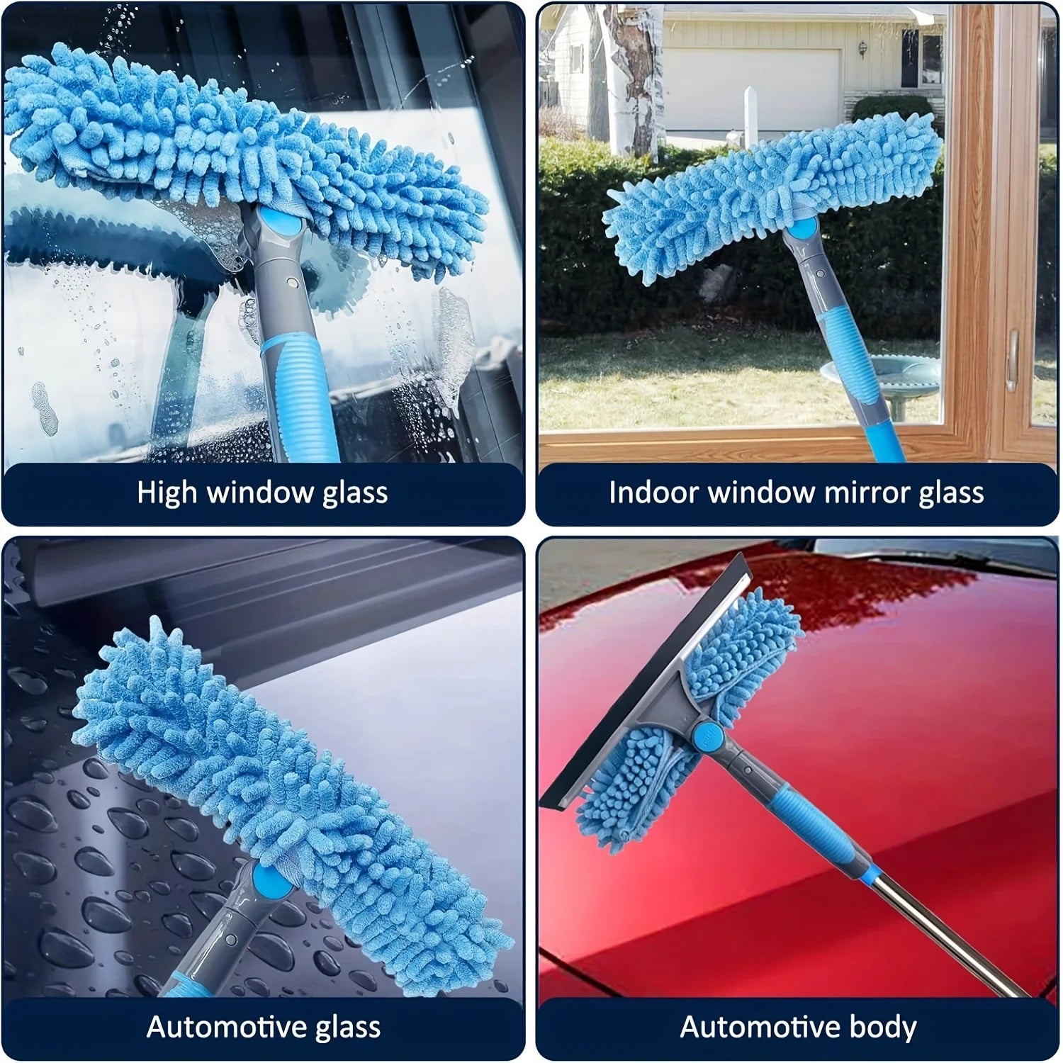 Window Cleaning Kit 2 in 1 Squeegee Microfiber Cleaner with 430cm Extension Pole Blue