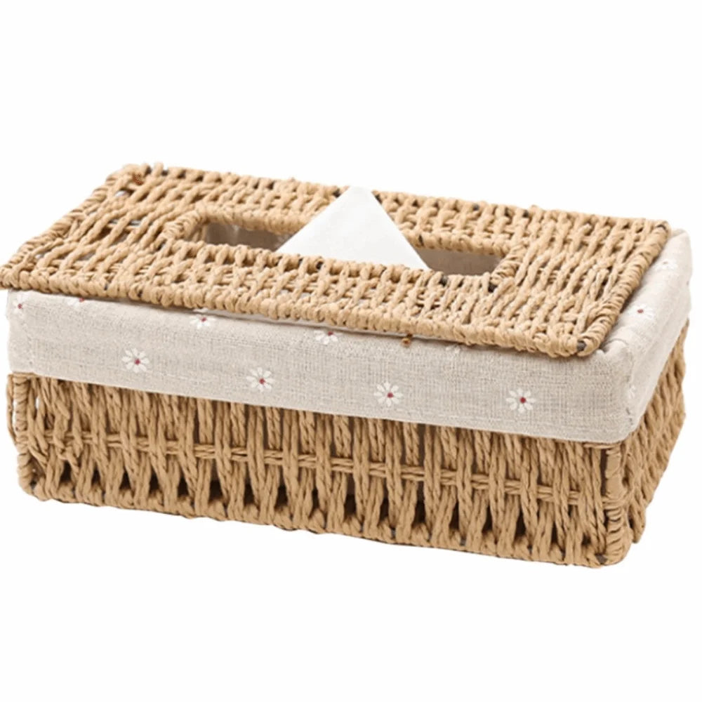 Handwoven Rattan Tissue Box Cover with Lid Decorative Napkin Holder for Living Room Bathroom Dining Table – Beige