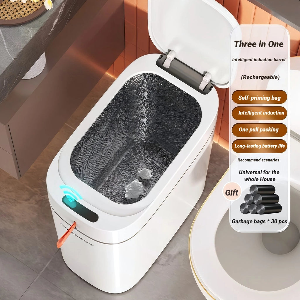 Trash Can 30 Bag Set Rechargeable Sensor Lid Auto Bag Fitting Wall Mount or Floor Standing Rectangular Bin