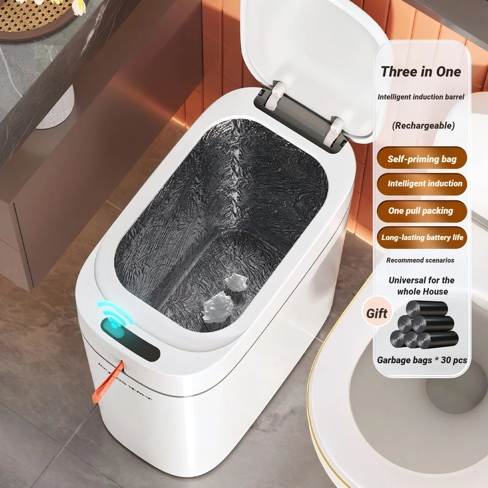 Trash Can 30 Bag Set Rechargeable Sensor Lid Auto Bag Fitting Wall Mount or Floor Standing Rectangular Bin