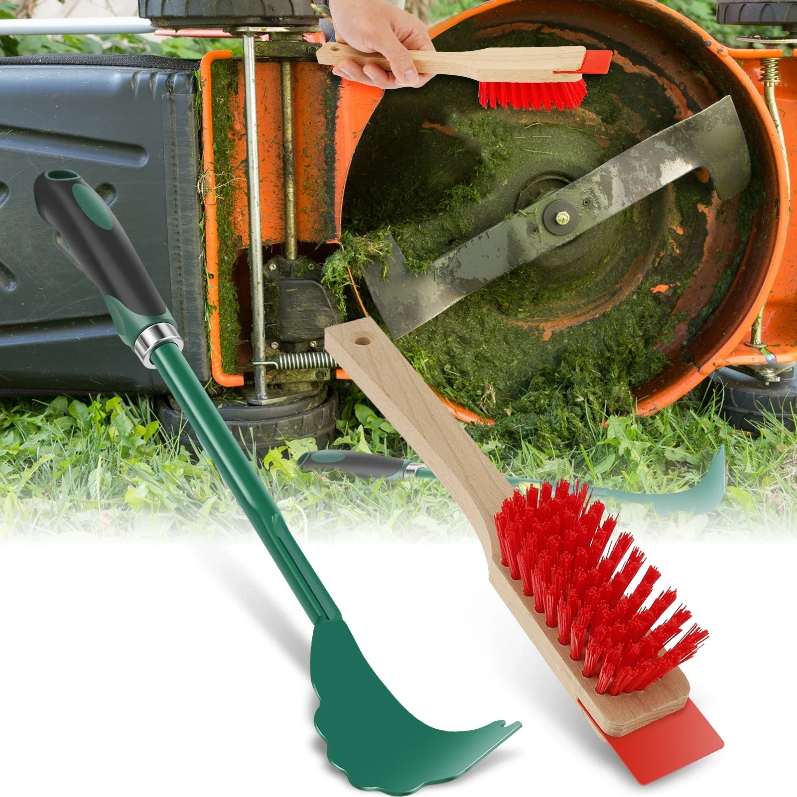 Mower Deck Cleaning Tool Set Scraper and Brush for Lawn Maintenance - Green Red