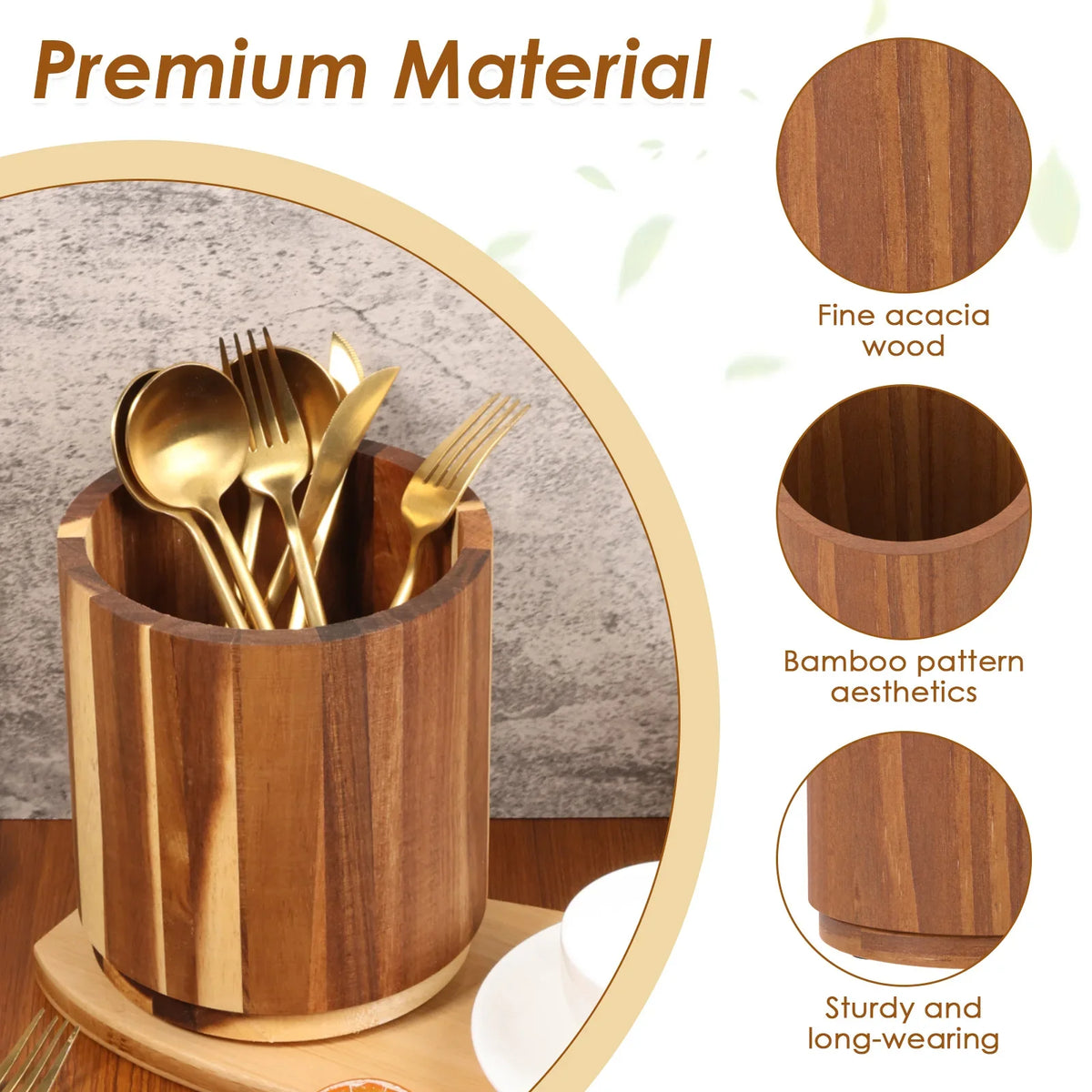 Utensil Holder Rotating 360 Degree Wooden Kitchen Benchtop Organiser - Brown