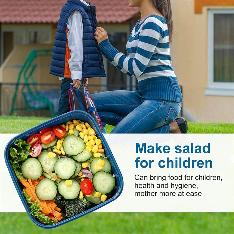 52oz Portable Salad Bowl 2 Compartment Bento Lunch Box with Dressing Cup & Fork – Blue