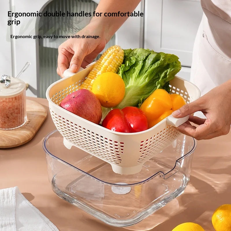 Kitchen Double Drain Wash Basket Large Capacity Fruit and Vegetable Washing Basin with Colander – Green