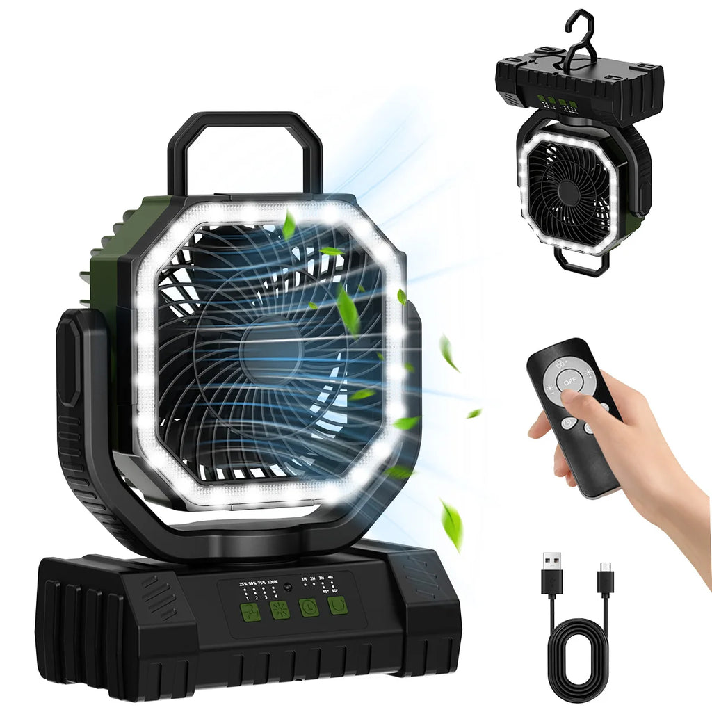 Camping Fan 20000mAh Rechargeable Portable Tent Air Circulator with LED Light – Green