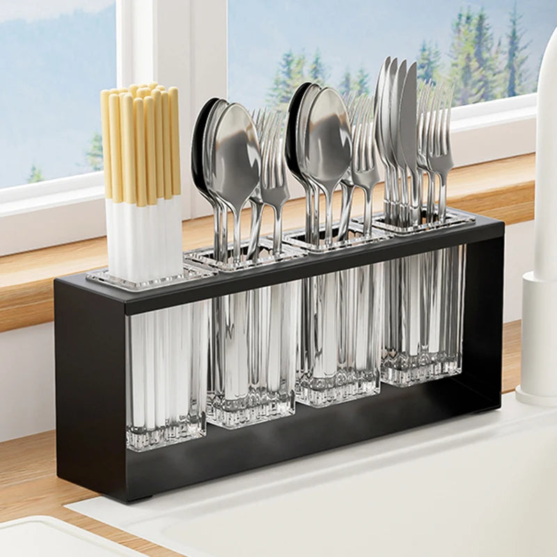 Cutlery Holder 4 Compartment Auto Draining Kitchen Utensil Drying Rack Countertop Organiser – Black