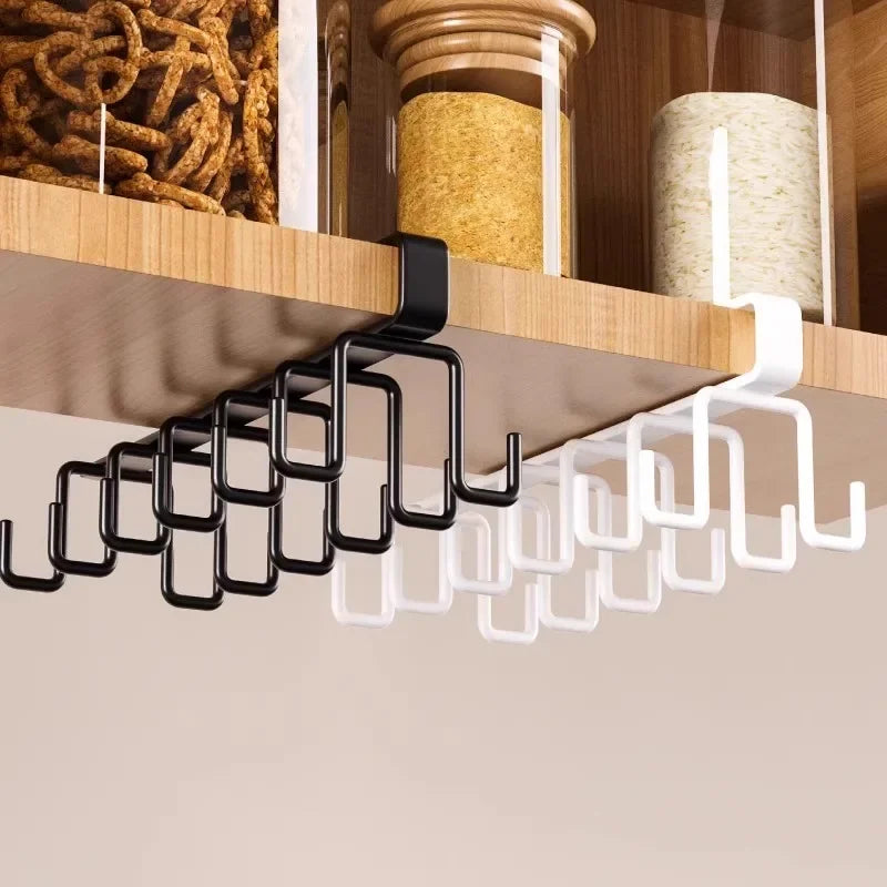 No Drill Double Row Kitchen Hook Rack Wall Mounted Carbon Steel Utensil Hanger with 12 Hooks – White