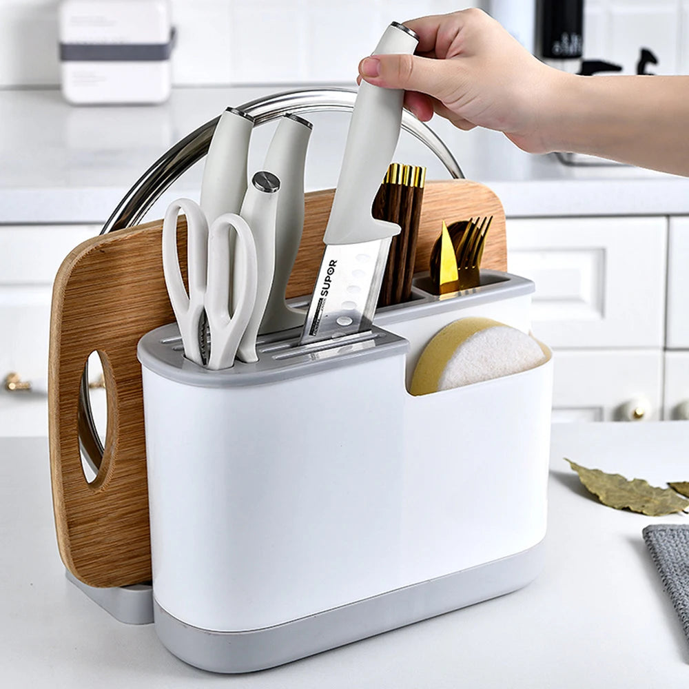 Multifunctional Knife Block for Countertop, Knife Storage Organizer with Drain Tray Kitchen Utensils Holder (No Cutting Board)