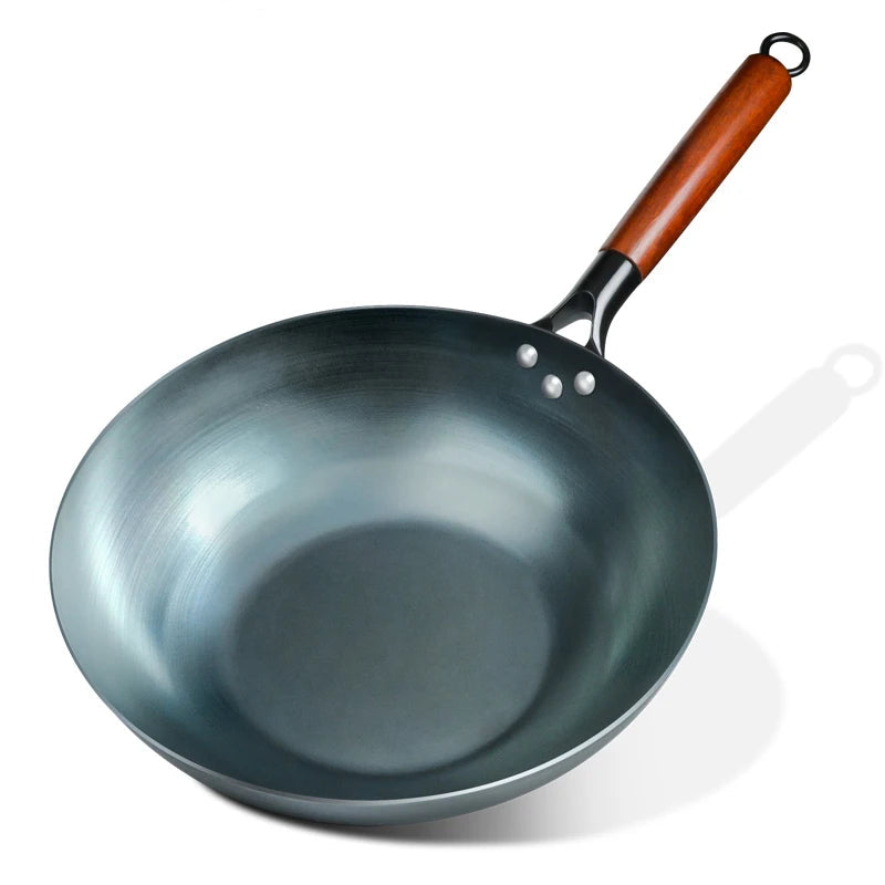 Carbon Steel Wok Pan 34cm Flat Bottom Stir Fry Cookware Beech Wood Handle