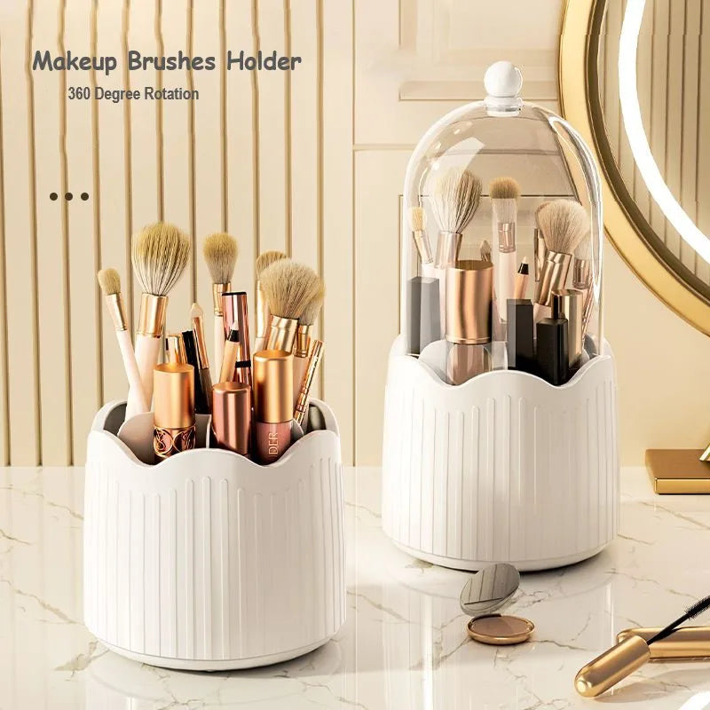 360° Rotating Makeup Brush Holder Cosmetics Organizer with Dustproof Lid and Storage Compartments – Yellow