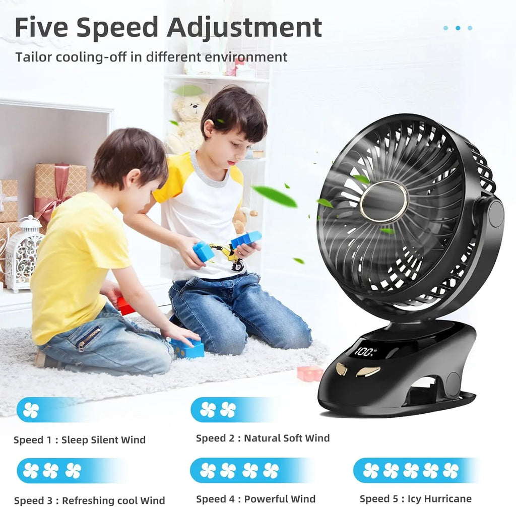 Rechargeable Clip-On Fan with 6000mAh Battery, 5 Speeds & Digital Display – Pink