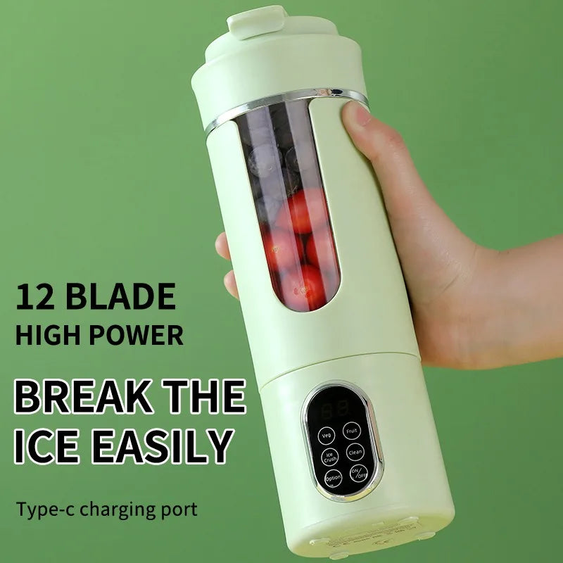 Portable Juicer 530ml Electric Blender USB Rechargeable 12 Blade Mixer with 4 Speed Settings - Green