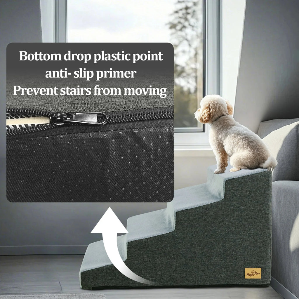 4 Step Non-Slip Dog Stairs Ramp with Washable Cover Soft Foam Pet Steps for Sofa Bed and Couch – Grey