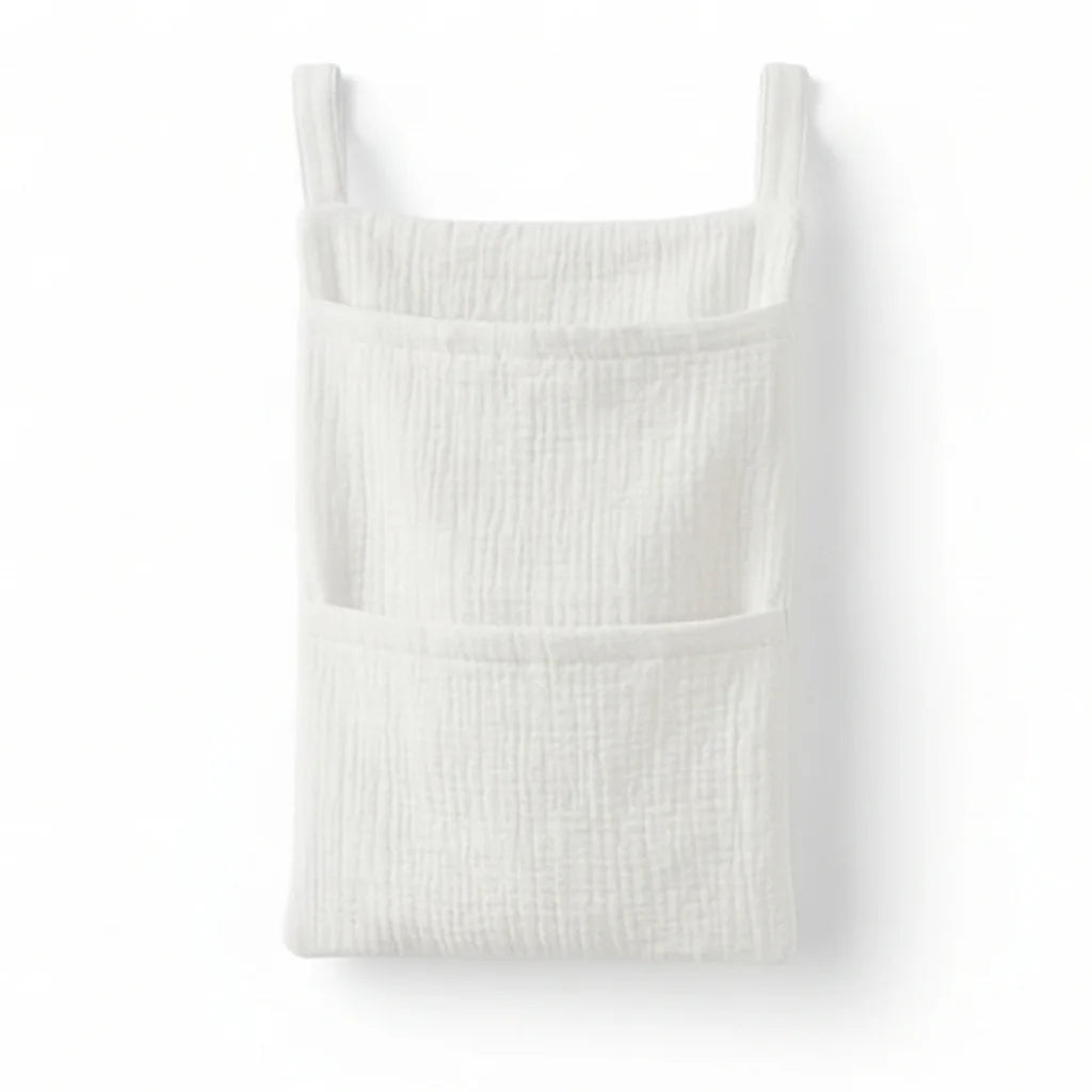 Cotton Diaper Storage Bag 2 Layer Bedside Hanging Pouch Stroller Organizer - White