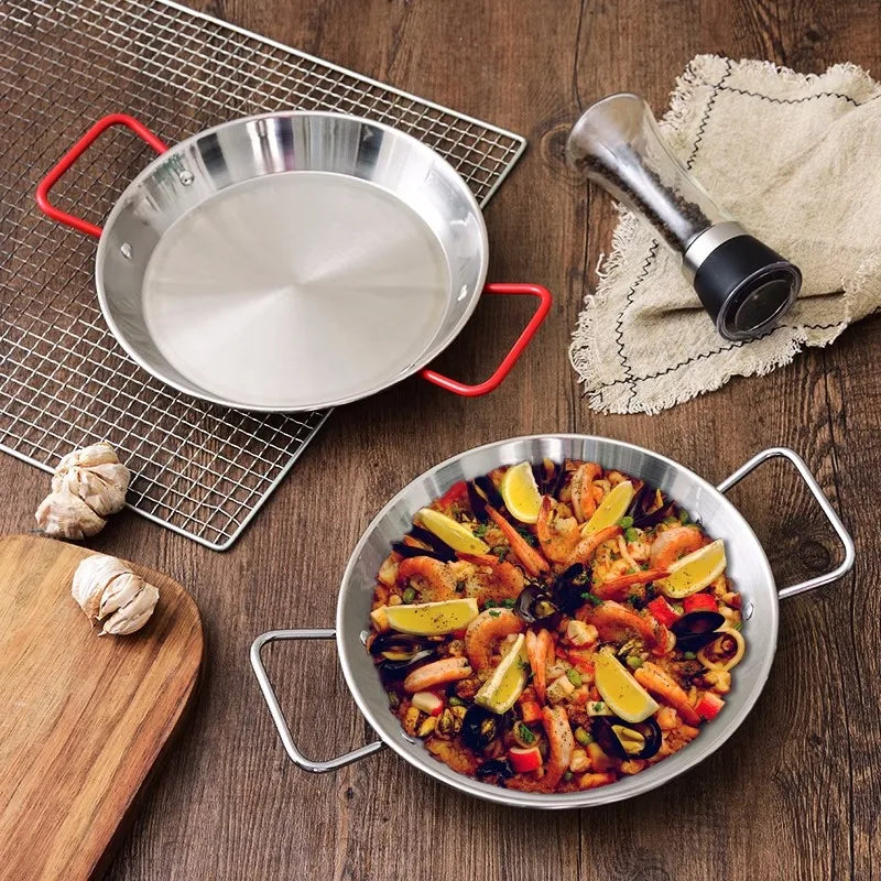 Stainless Steel Paella Pan 24cm Double Handle Cooking Pan Gas and Induction Compatible – Silver