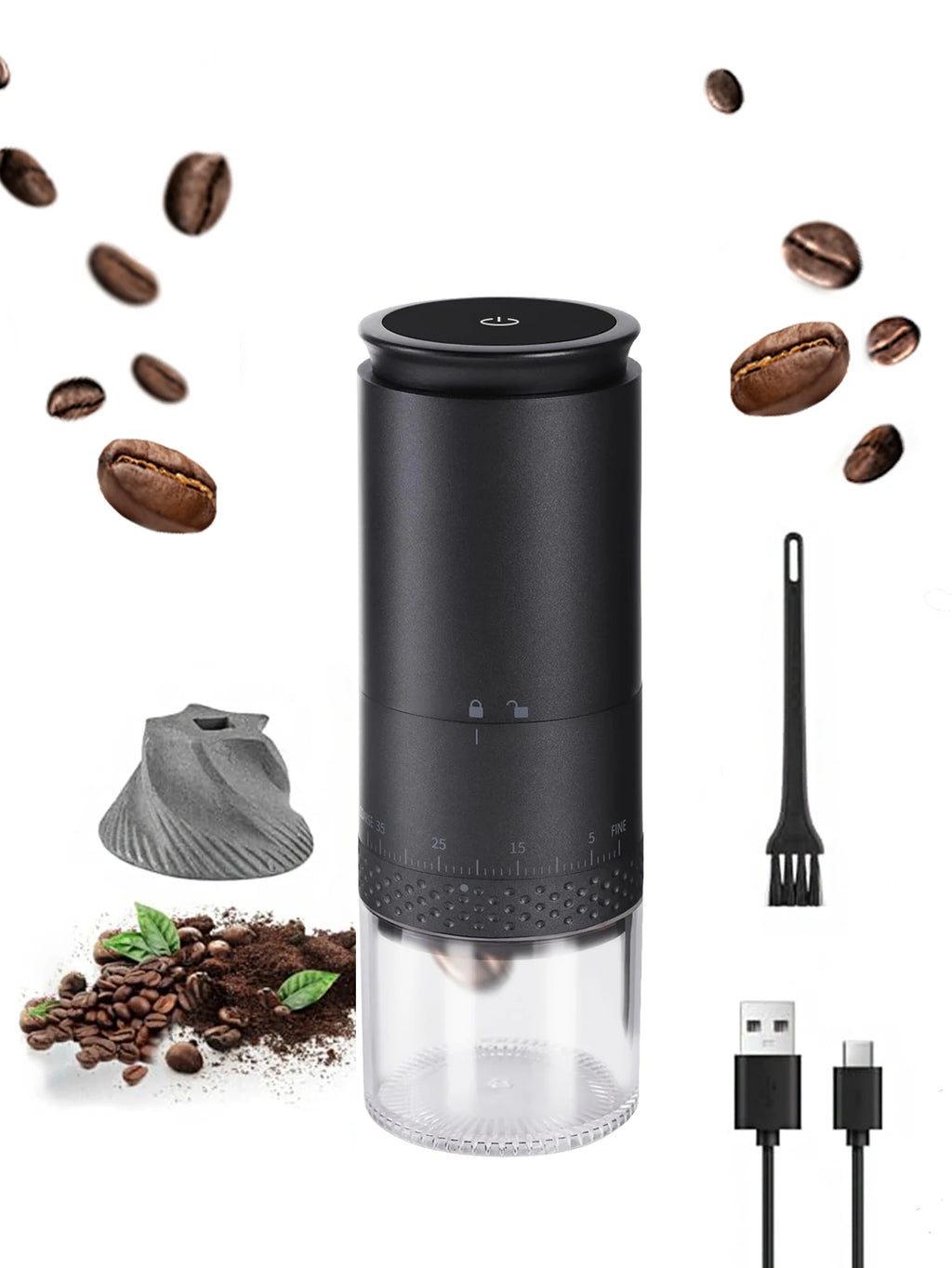 Coffee Grinder Portable Electric Bean Grinder USB Rechargeable 1500mAh Adjustable Ceramic Burr - Black