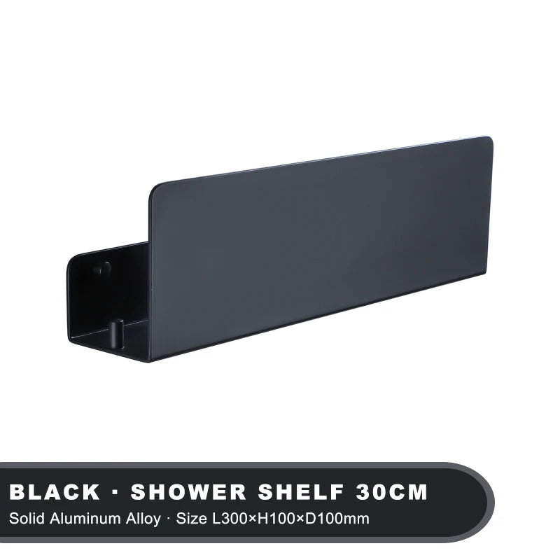 Bathroom Shelf 30cm Wall Mounted Aluminum Storage Rack Single Tier Organizer with Hooks - Black