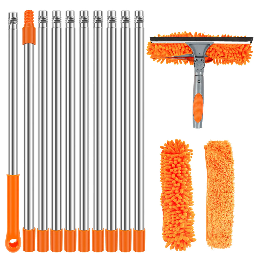 Window Cleaning Kit Extendable 2 in 1 Squeegee Mop 420cm Adjustable Pole with Microfiber Head - Orange