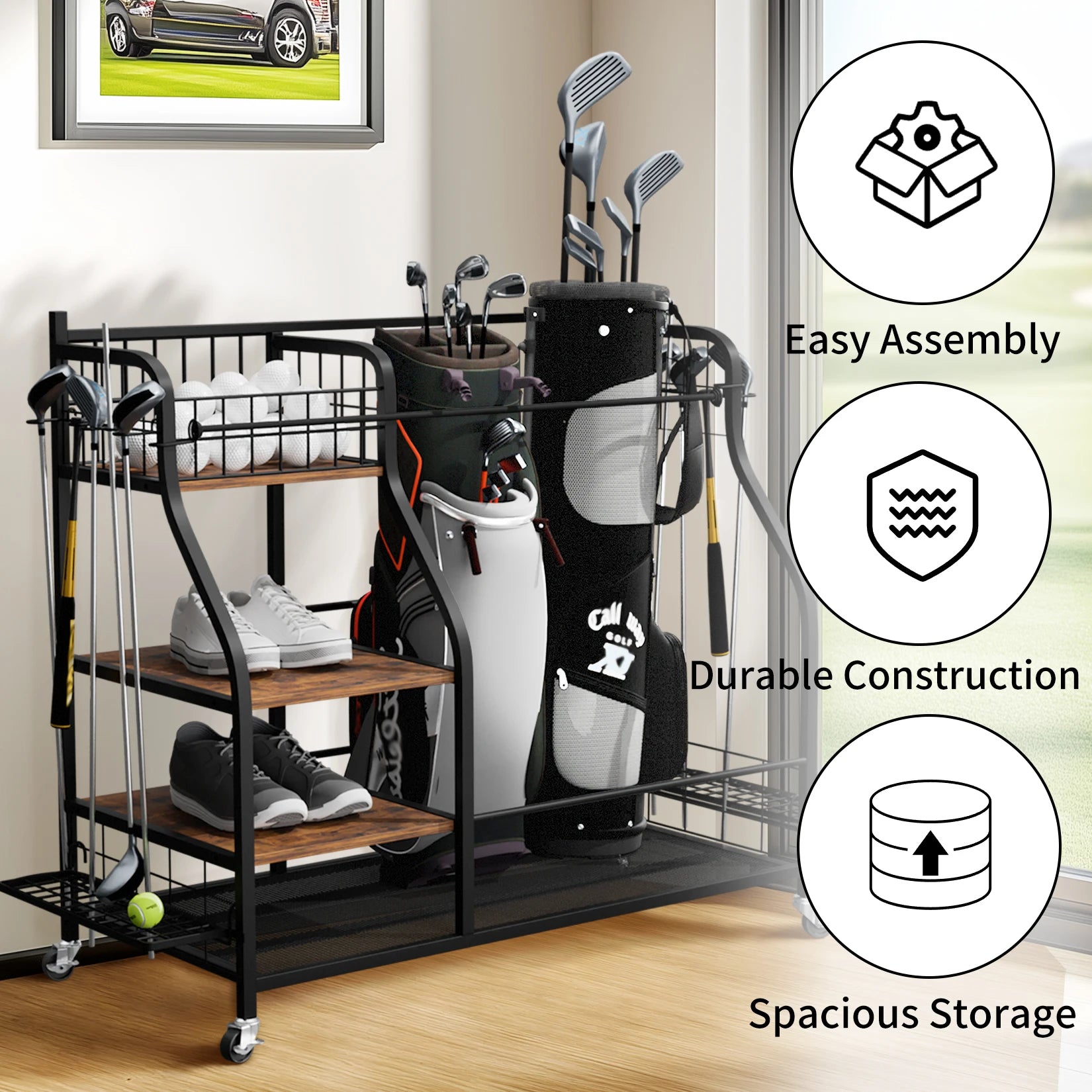 Rolling Golf Bag Organizer Rack with Shelves Sports Equipment Storage Stand on Wheels – Black