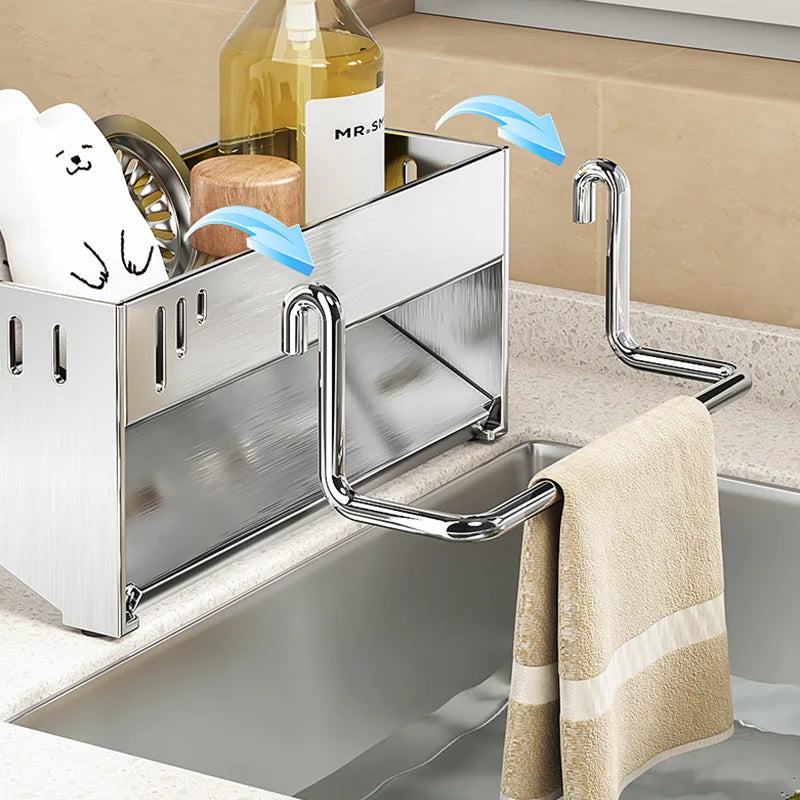 Stainless Steel Sink Storage Rack Kitchen Sponge Holder with Towel Bar Draining Organizer – Grey