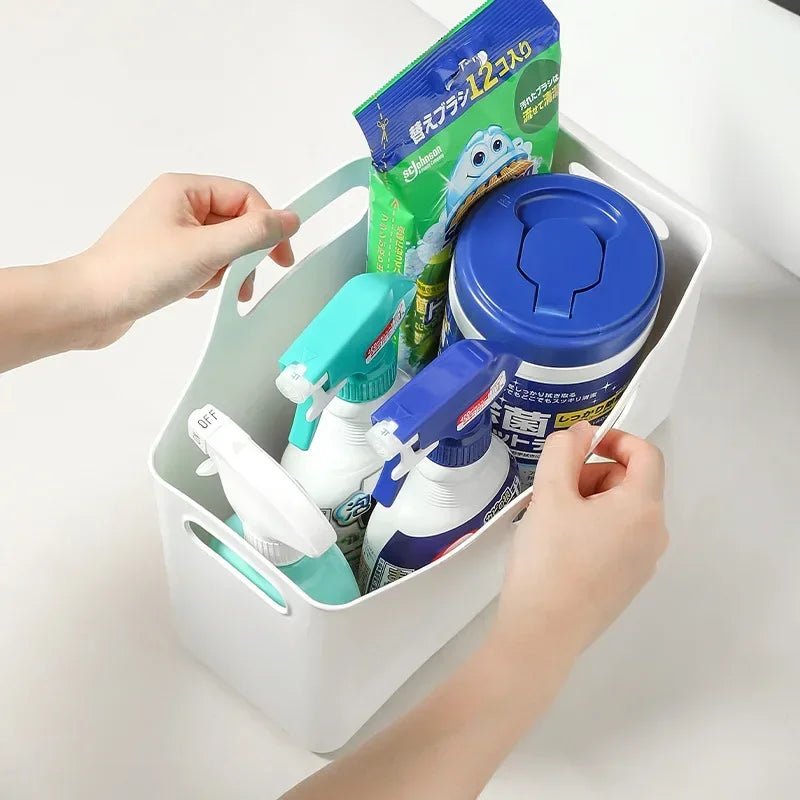 Portable Plastic Storage Basket with Handle Multi-Purpose Household Organiser Bin – White