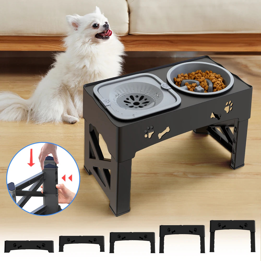 Pet Feeder Foldable Double Bowl with 5 Adjustable Heights