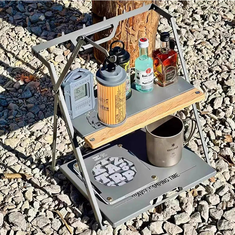 Camping Shelf Table Folding Outdoor Storage Rack with Lantern Hook – Silver