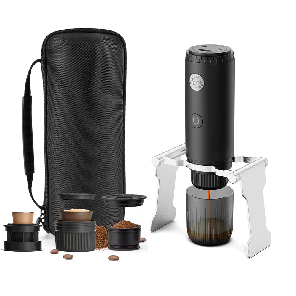 Portable Espresso Coffee Maker 3 in 1 Wireless Heating Capsule Powder Machine - Black