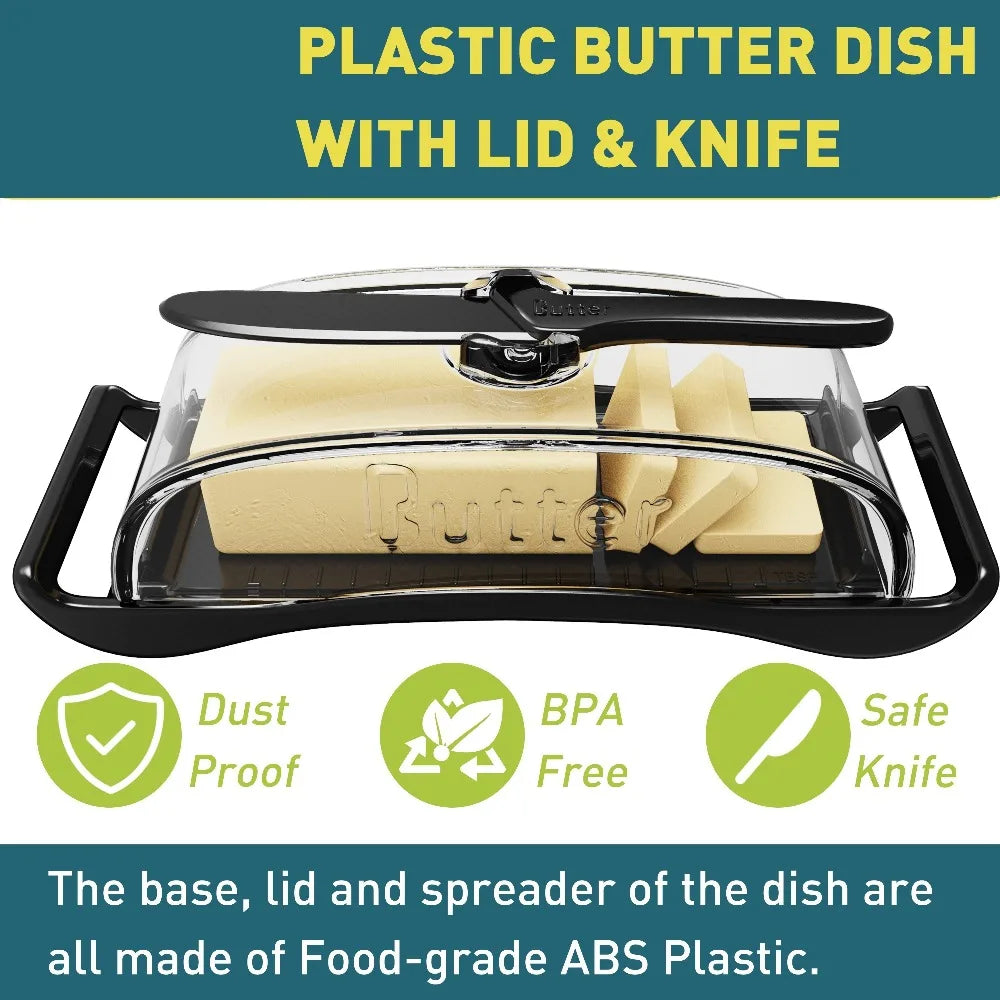 Butter Dish with Lid and Spreader Knife Plastic Butter Storage Container with Measurement Guide – Black