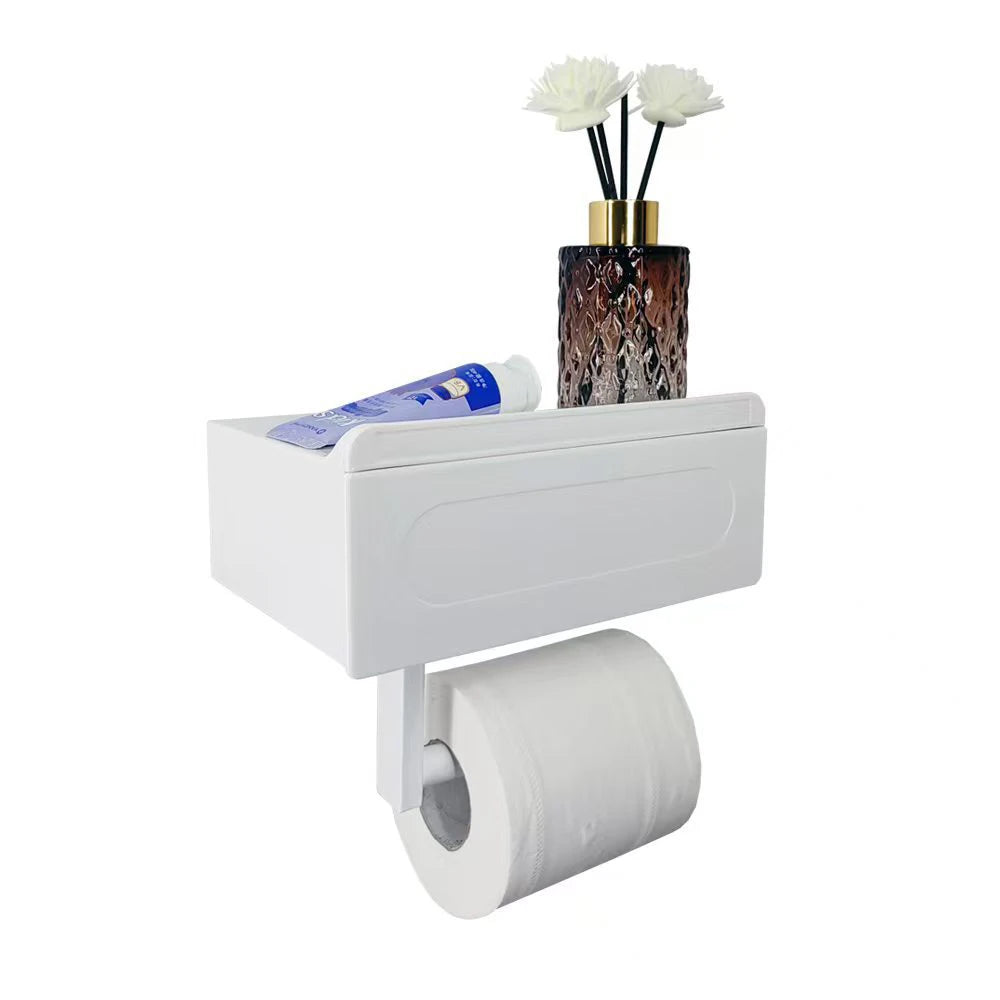 Toilet Paper Holder 275mm Wall Mounted Storage Shelf Adhesive Plastic Carbon Steel Dispenser – White