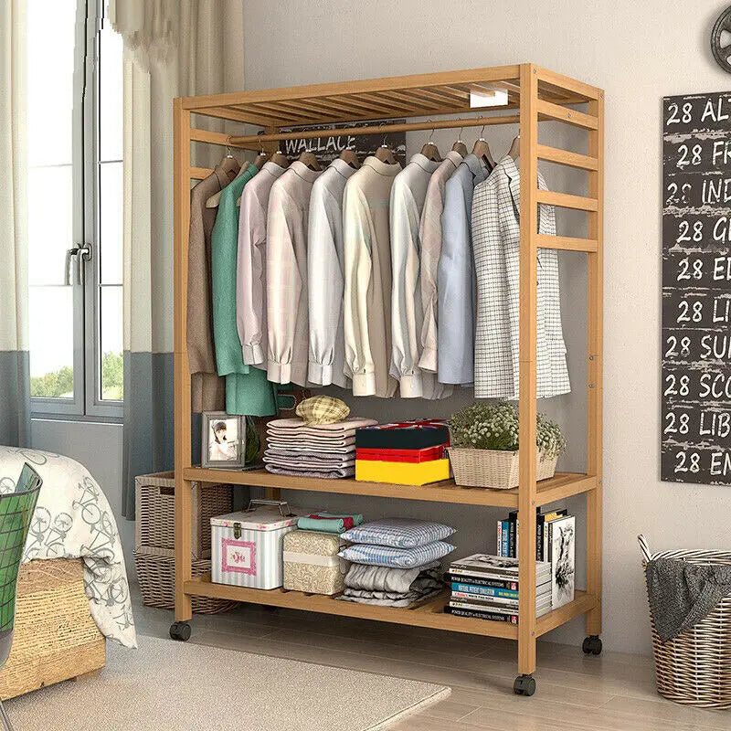 Heavy Duty Bamboo Clothes Rack with Shelves Rolling Garment Rail Open Wardrobe and Side Hooks – Natural Wood