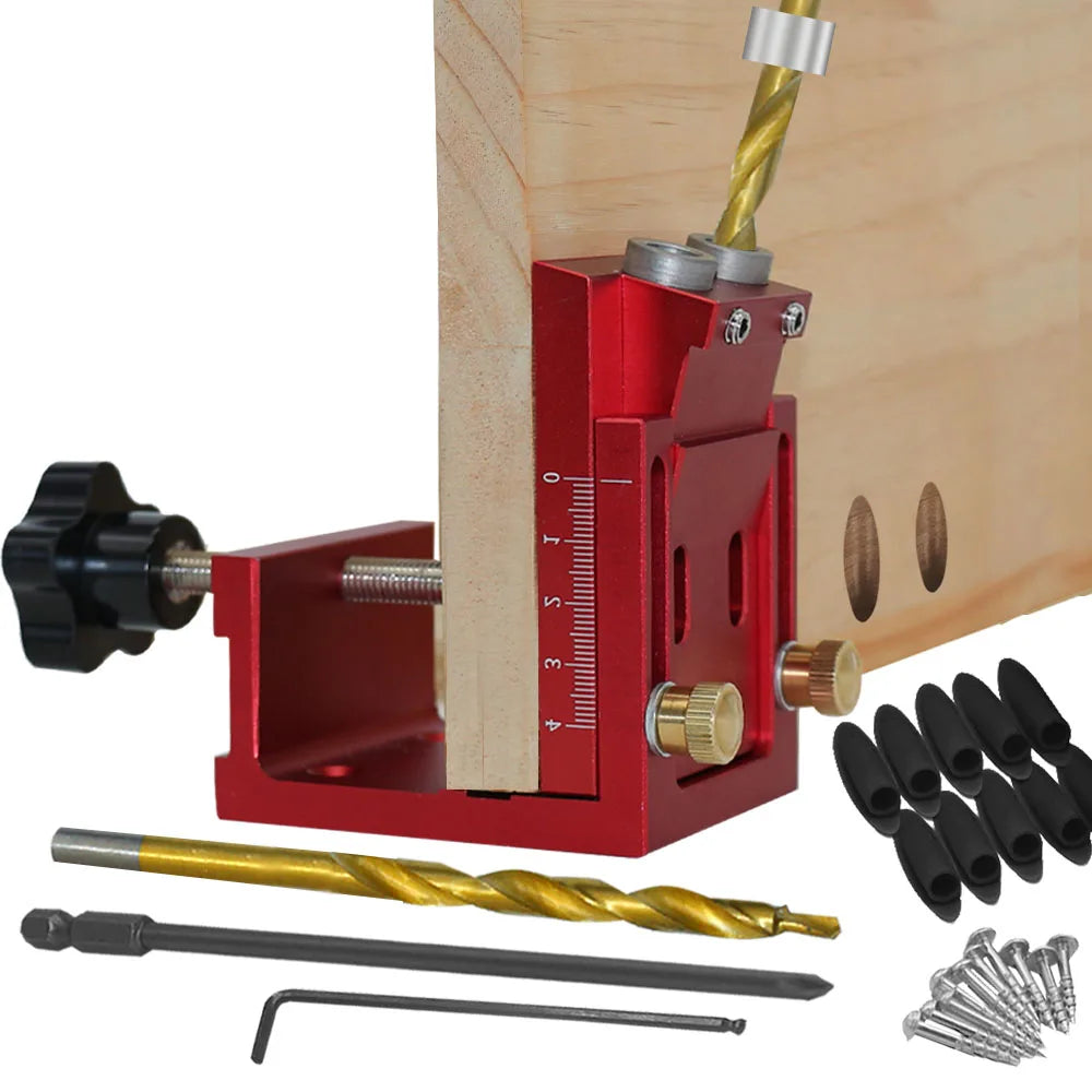 Pocket Hole Jig Kit with Drill Guide Step Drill Bit Screws and Wooden Plugs for Woodworking Red