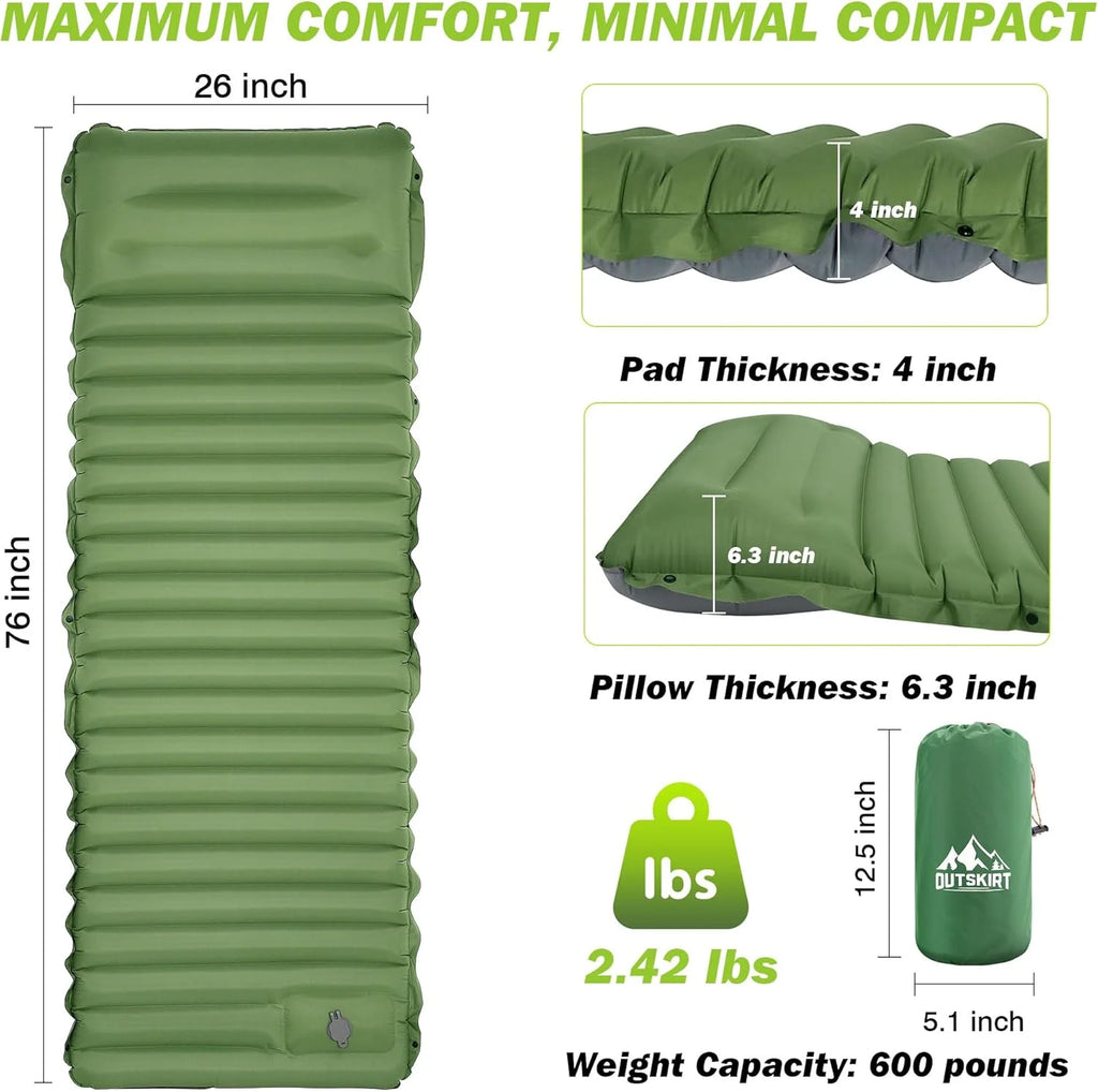 Camping Sleeping Pad Inflatable Mattress Extra Thick 4 Inch Ultralight Foldable Hiking Bed - Royal Blue
