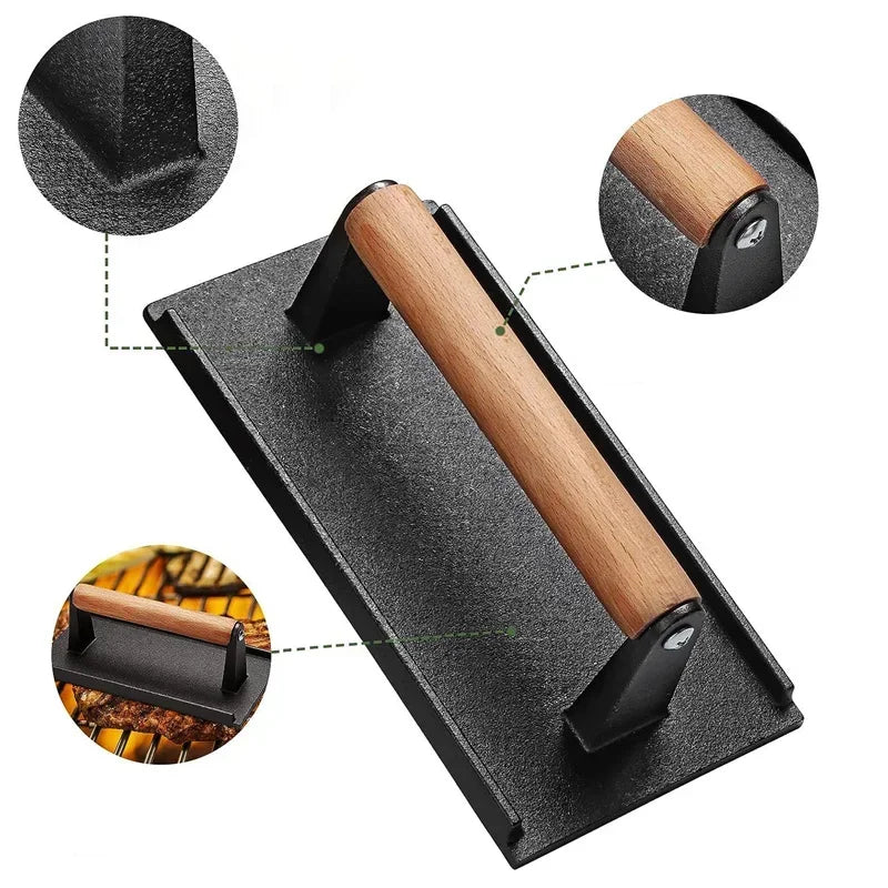 Steak Burger Press Rectangular Cast Iron Heavy Duty Meat Press with Handle for BBQ Grill Cooking