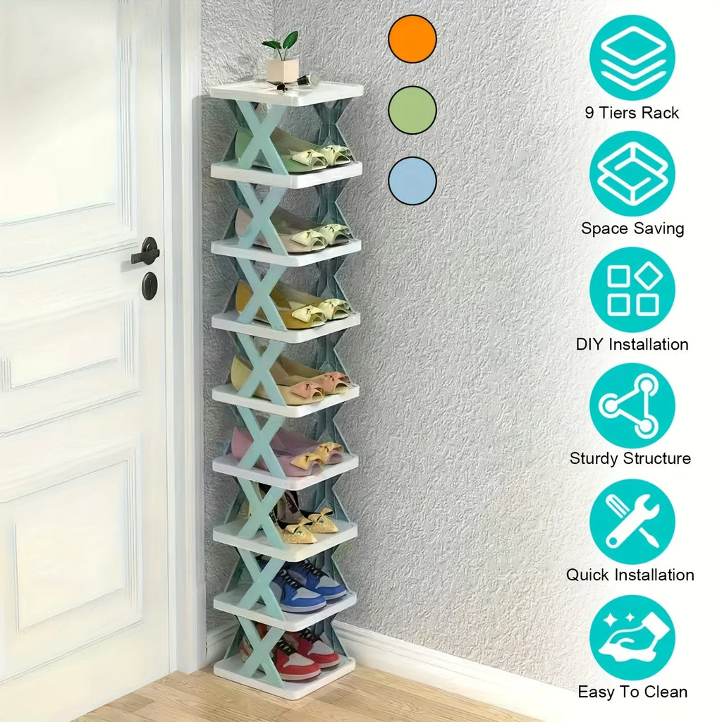 9-Tier Vertical Shoe Rack – Space-Saving Tall & Narrow Home Storage - Blue