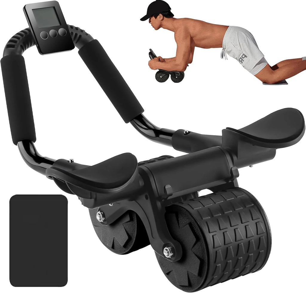 Abdominal Roller Wheel Automatic Rebound Double Wheel Core Trainer with Counter Display - Black