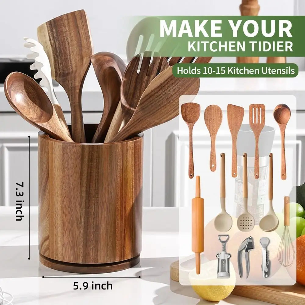 Utensil Holder 360° Rotating Wooden Kitchen Storage Rack Countertop Organiser - Black