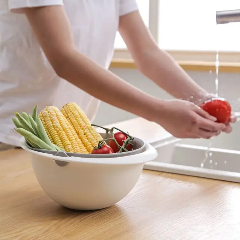 Rotatable Double Drain Basket 23cm Fruit Vegetable Washer Colander - Pink