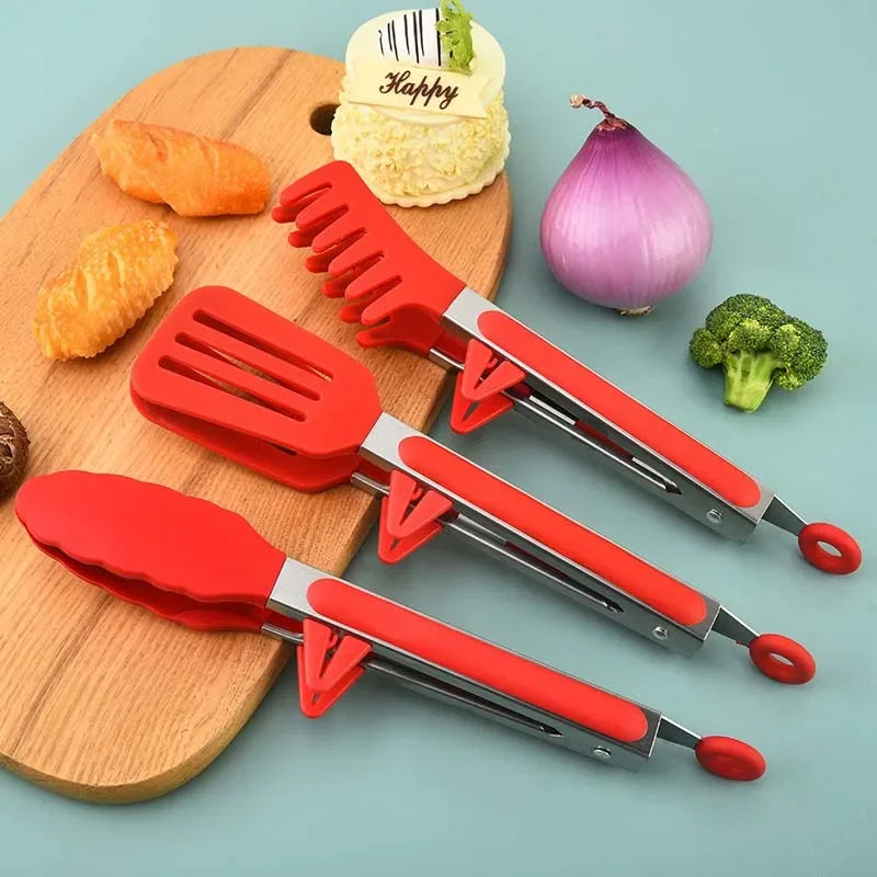 Food Tongs Stainless Steel Silicone Nylon Non Slip Cooking Serving BBQ Salad Clip - Black