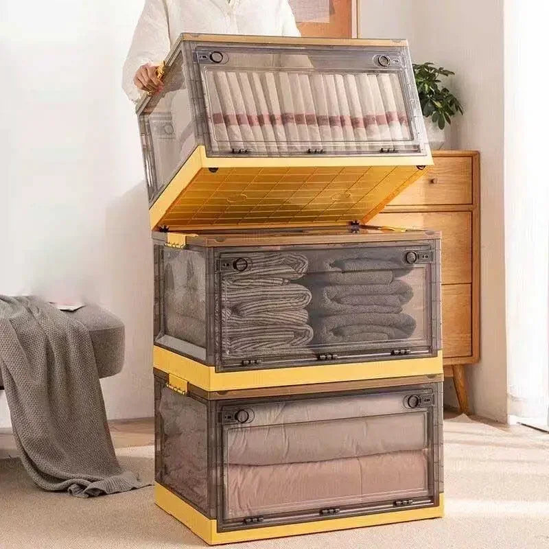 Foldable Transparent Plastic Storage Box Large Capacity Stackable Clothes Organizer Bin - Yellow