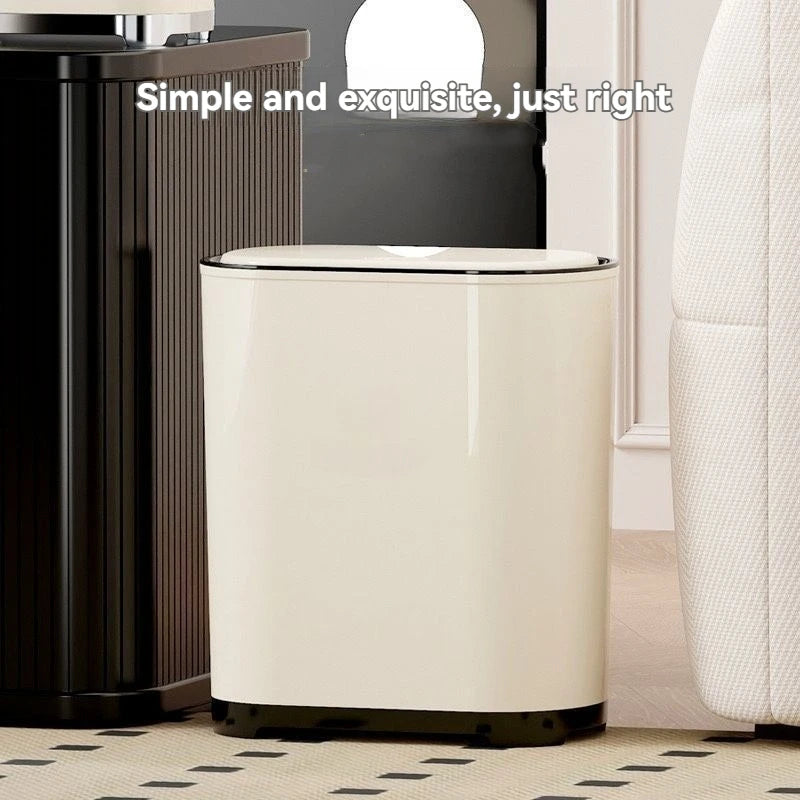 Press Lid Trash Can Narrow Design with Cover for Bathroom Kitchen and Living Room Beige