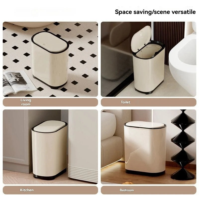 Press Lid Trash Can Narrow Design with Cover for Bathroom Kitchen and Living Room Beige