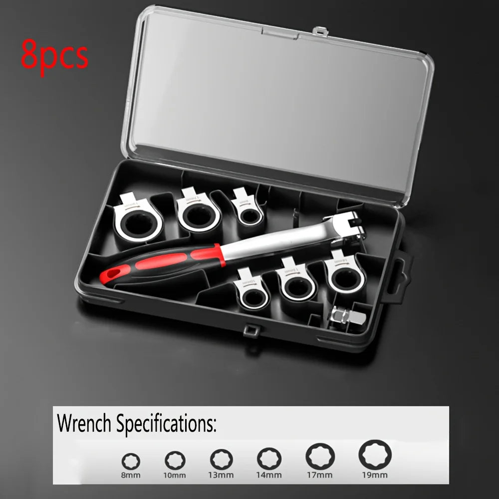 Ratchet Wrench Set Portable Multi Function Chrome Vanadium Steel 8 Piece Interchangeable Head Tool Kit