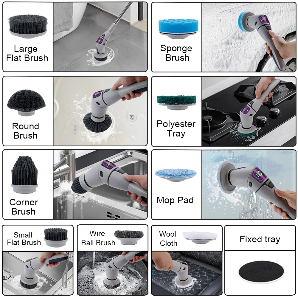Electric Cleaning Brush 10 in 1 Cordless Spin Scrubber with LED Display and Adjustable Handle